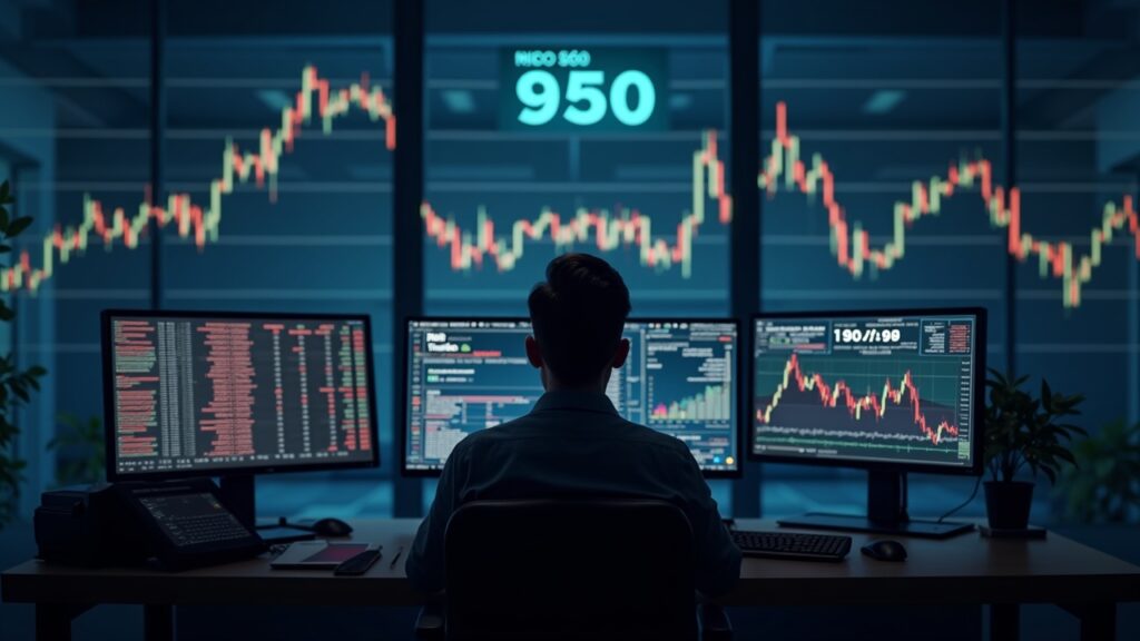 Operator in a newsroom in front of screens: BNB below 950 and surge in privacy coins.