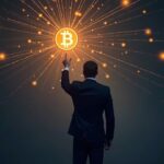 Executive in a suit points to an illuminated BNB logo, connected to a blockchain network, symbolizing institutional adoption and on-chain collateral.