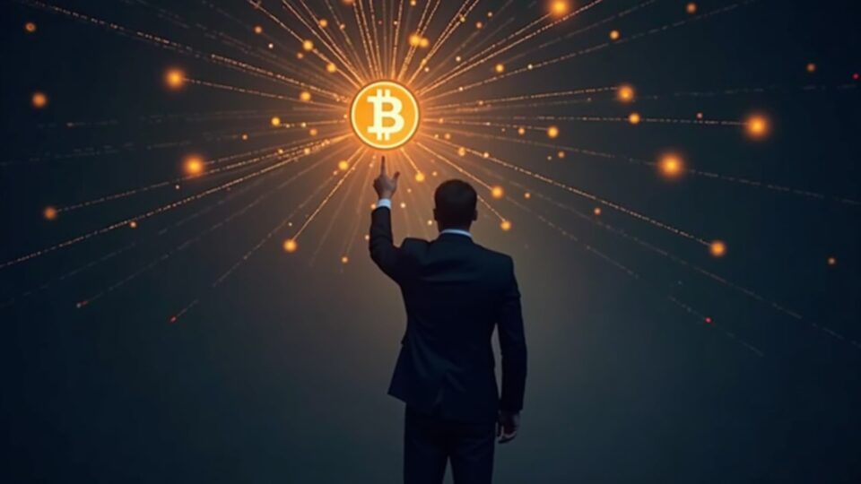Executive in a suit points to an illuminated BNB logo, connected to a blockchain network, symbolizing institutional adoption and on-chain collateral.