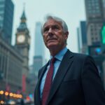 BoE official in the foreground, with symbols of stablecoins, reserves in gilts, skyscrapers and market screens.