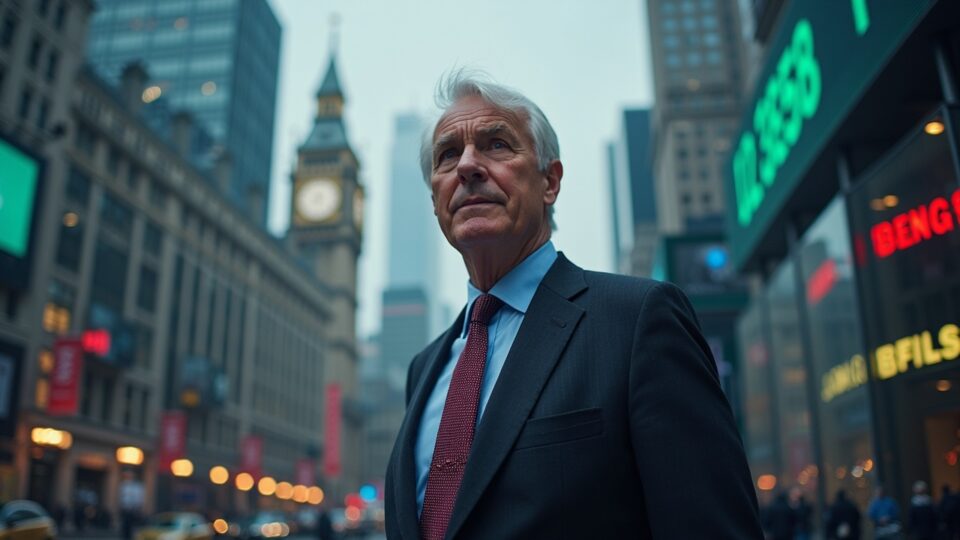 BoE official in the foreground, with symbols of stablecoins, reserves in gilts, skyscrapers and market screens.