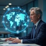 Central bank official at a desk, digital coins and UK/U.S. regulatory symbols around a holographic globe.