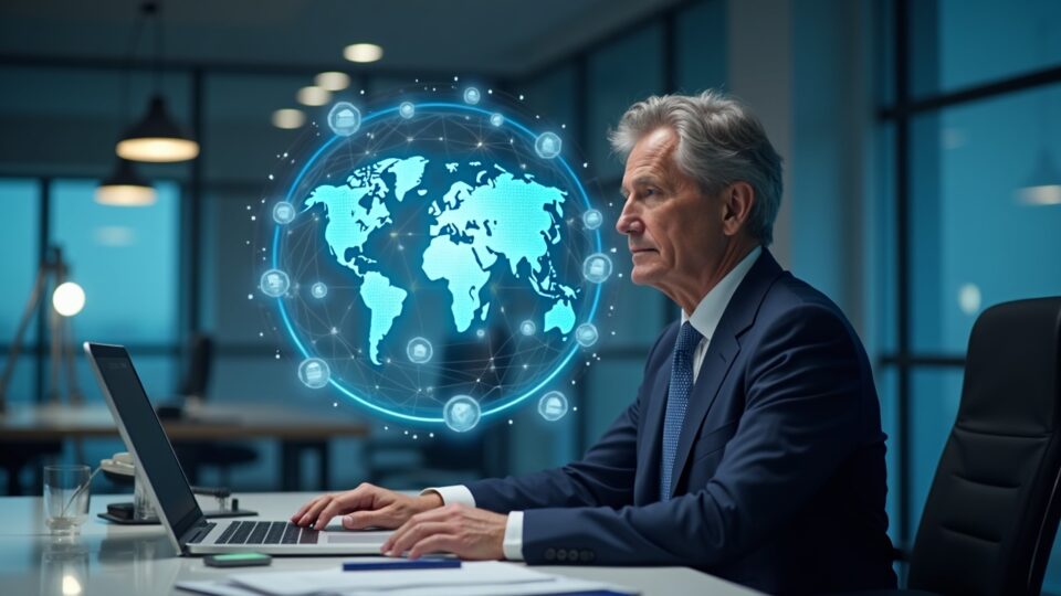Central bank official at a desk, digital coins and UK/U.S. regulatory symbols around a holographic globe.