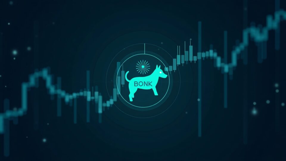 Chart of BONK breaking resistance with dog emblem, rising volume bars and Solana blue background