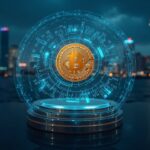 Realistic scene in Brazil: Bitcoin symbol on a digital screen, subtle B3 branding and modern skyline.