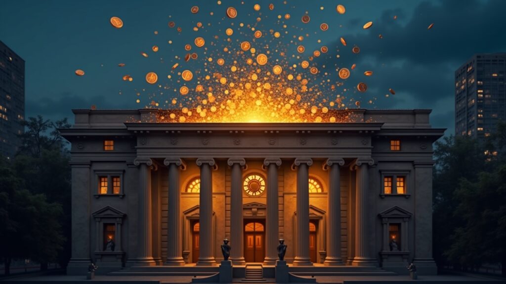 Facade of the Central Bank of Brazil with digital coins orbiting and a capital barrier of 7 million.
