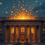 Facade of the Central Bank of Brazil with digital coins orbiting and a capital barrier of 7 million.