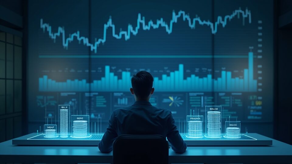 Treasury professional in front of screens showing Treasury bonds and repos, pointing to regulated liquidity for stablecoins.