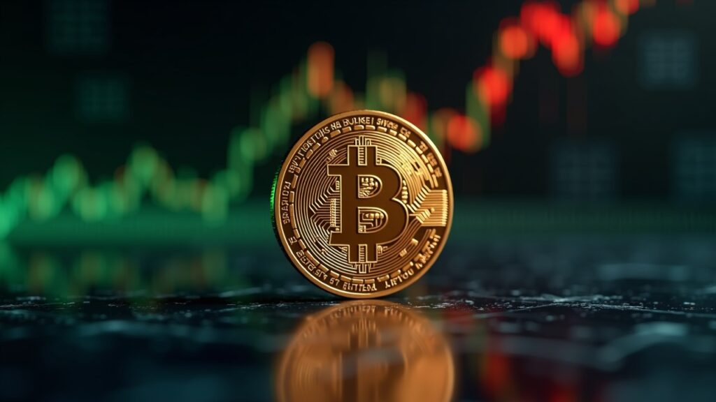 Bitcoin in the center with a market chart from green to red and a subtle Monad logo; newsroom-style lighting.