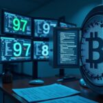 Laboratory of a Spanish institute; screens showing 97 BTC, a safe, and regulatory documents about liquidating crypto assets.