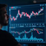 Trader in foreground reviews holographic dashboard: BTC and ETH fall, altcoin liquidations and futures heatmap