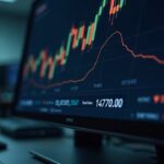 Close-up of a Bitcoin futures trading desk, screen with a W-shaped chart, negative funding rate and lower open interest