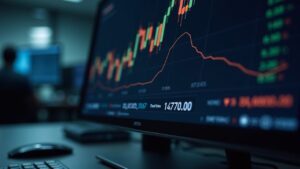 Close-up of a Bitcoin futures trading desk, screen with a W-shaped chart, negative funding rate and lower open interest
