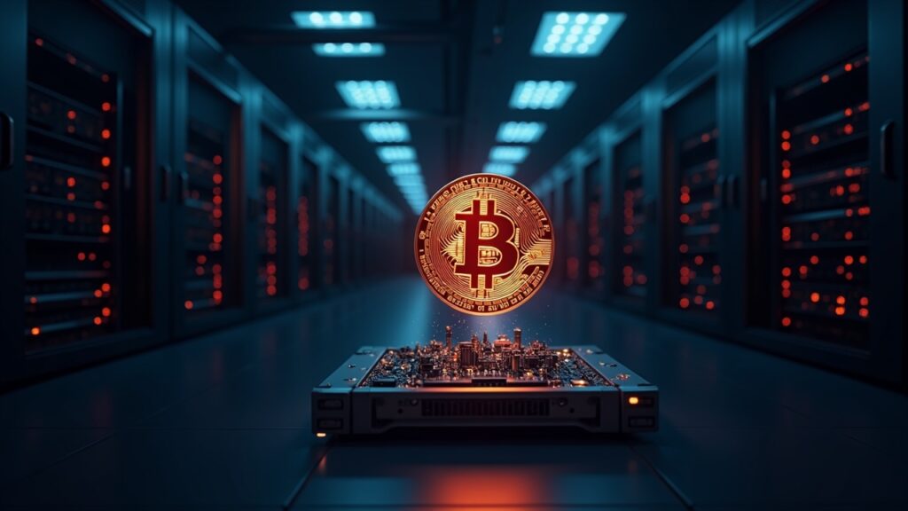 Bitcoin mining farm in a data center, racks of AI GPUs and a holographic BTC near 103k.
