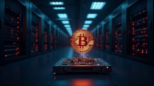 Bitcoin mining farm in a data center, racks of AI GPUs and a holographic BTC near 103k.