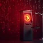 Cajero de Bitcoin con resplandor rojo, balanzas de la justicia y fondo de código digital, sugiriendo riesgo regulatorio y fallo técnico.