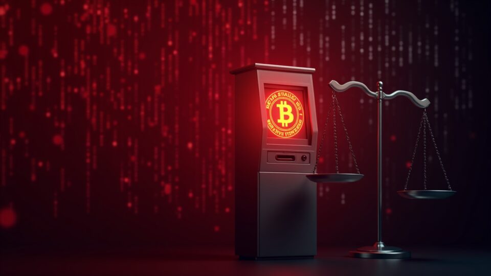 Cajero de Bitcoin con resplandor rojo, balanzas de la justicia y fondo de código digital, sugiriendo riesgo regulatorio y fallo técnico.