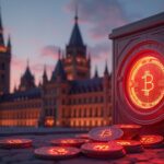 facade of the Parliament of Canada at sunset, digital stablecoins over the vault of the Bank of Canada, fintech glow in red and white.