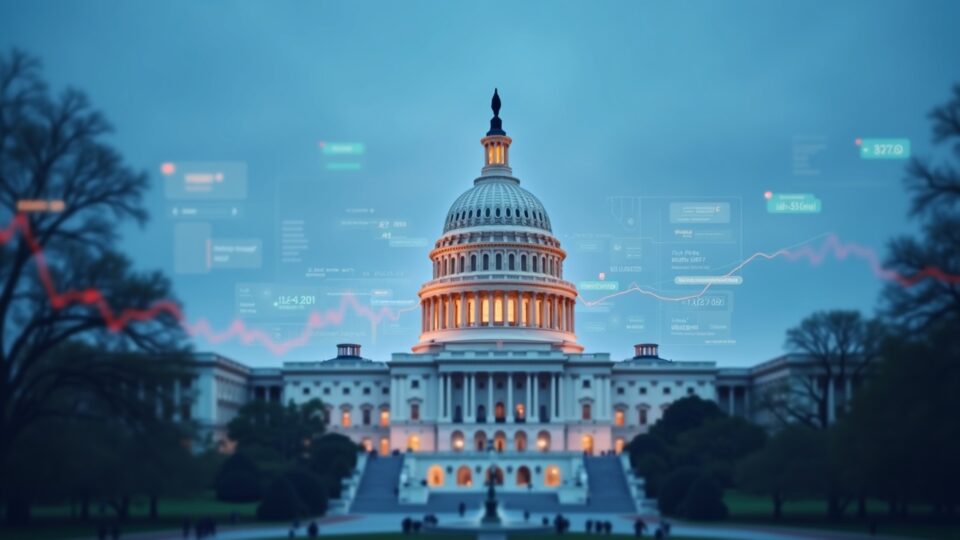 Facade of the U.S. Capitol with market charts and payroll data.