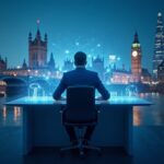 Photorealistic figure at a desk with holographic CARF data streams and London skyline, symbolizing crypto tax regulation.