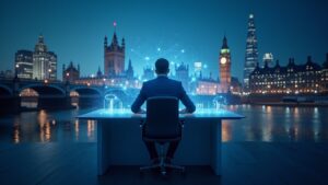 Photorealistic figure at a desk with holographic CARF data streams and London skyline, symbolizing crypto tax regulation.