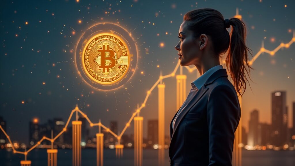 Focused female financial analyst in a sleek suit beside a holographic Bitcoin and rising charts against a futuristic skyline.
