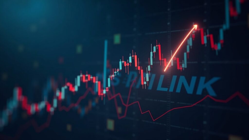 Realistic trading scene: LINK drop, chart breaks key support; UBS-FTSE news and Chainlink logo in the background.