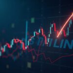 Realistic trading scene: LINK drop, chart breaks key support; UBS-FTSE news and Chainlink logo in the background.