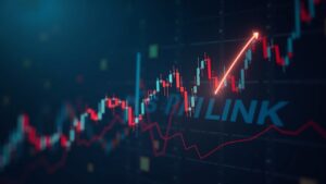 Realistic trading scene: LINK drop, chart breaks key support; UBS-FTSE news and Chainlink logo in the background.