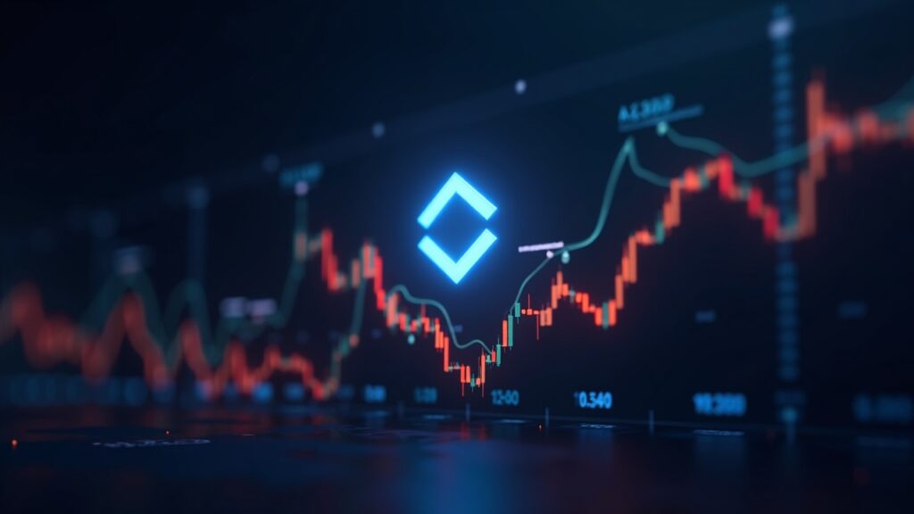 Chainlink logo centered on an upward price chart with 16.50–17.00 resistance, crypto background.