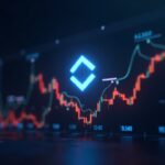Chainlink logo centered on an upward price chart with 16.50–17.00 resistance, crypto background.