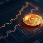 Luminous USDC coin over a rising revenue chart, background with regulatory symbols, crypto journalistic atmosphere.