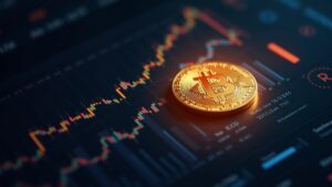 Luminous USDC coin over a rising revenue chart, background with regulatory symbols, crypto journalistic atmosphere.