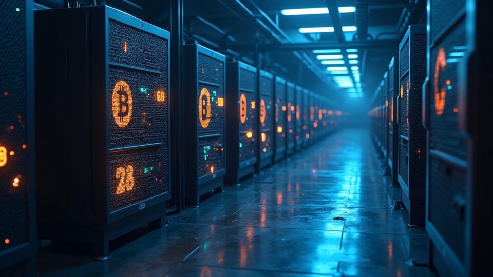 Photorealistic mining plant with cooling towers and Bitcoin symbols, 2026 projection and focus on CleanSpark liquidity and AI/HPC.