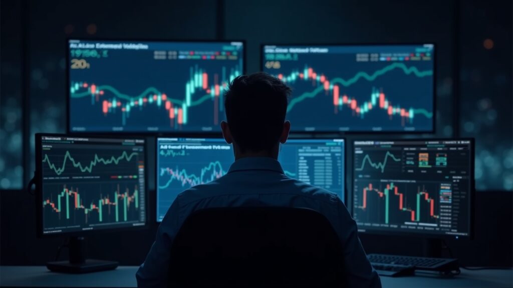 A trader in a news room observes CME micro futures on multiple screens amid volatility.
