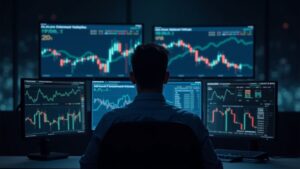 A trader in a news room observes CME micro futures on multiple screens amid volatility.