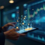 Central bank official holds a tablet with Bitcoin, in a modern trading floor with blockchain visuals.