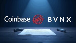 Logos of Coinbase and BVNK with a red cancellation mark over a contract, fintech crypto payments background.