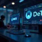 Newsroom trader desk with Fluid and WMTX DeFi tokens on screen amid bear market and blockchain nodes.