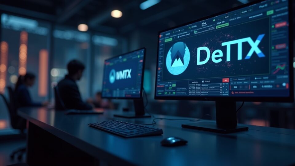 Newsroom trader desk with Fluid and WMTX DeFi tokens on screen amid bear market and blockchain nodes.
