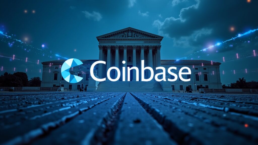 Coinbase logo in front of a federal court, with ledger lines, symbolizing the regulatory clash over the trust bank charter.