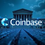 Coinbase logo in front of a federal court, with ledger lines, symbolizing the regulatory clash over the trust bank charter.