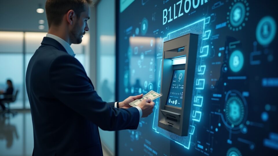 Compliance officer in a suit operates a Bitcoin ATM with cash, overlay of blockchain and regulatory seals.