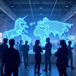 Crypto conference in Florida: networking among developers and investors, with holographic unicorns and token charts