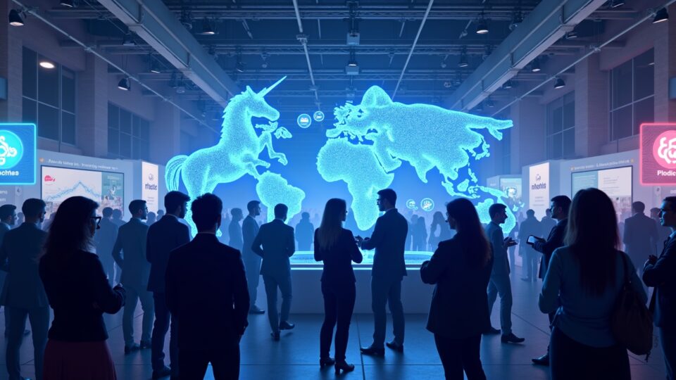 Crypto conference in Florida: networking among developers and investors, with holographic unicorns and token charts