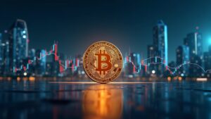 Bitcoin at center, descending chart, glass barrier between institutional towers and decentralized symbols, journalistic