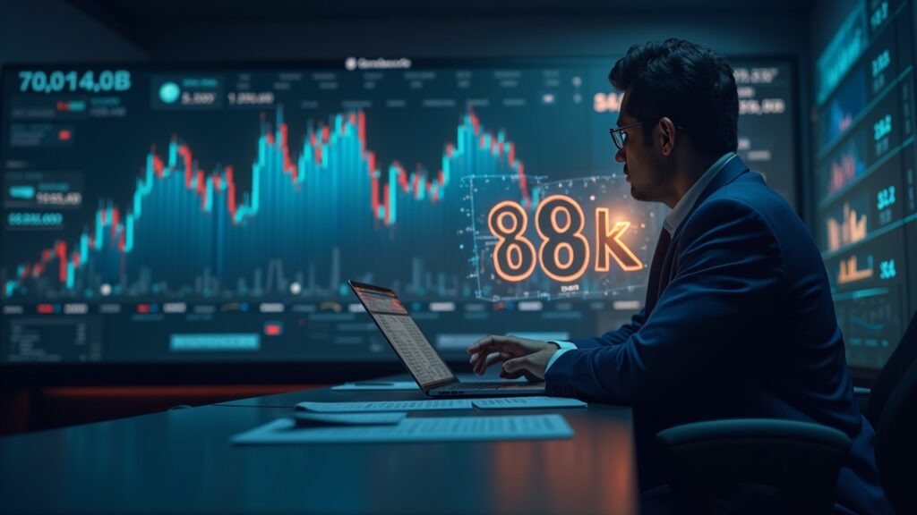 Analyst in a newsroom with holographic crypto charts; Bitcoin above 88k and altcoins on the rise, modern style.