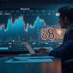 Analyst in a newsroom with holographic crypto charts; Bitcoin above 88k and altcoins on the rise, modern style.