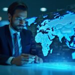 Professional analyst in front of a modern desk; blue holographic crypto ledger, map and Treasury seal, sanctions symbol.