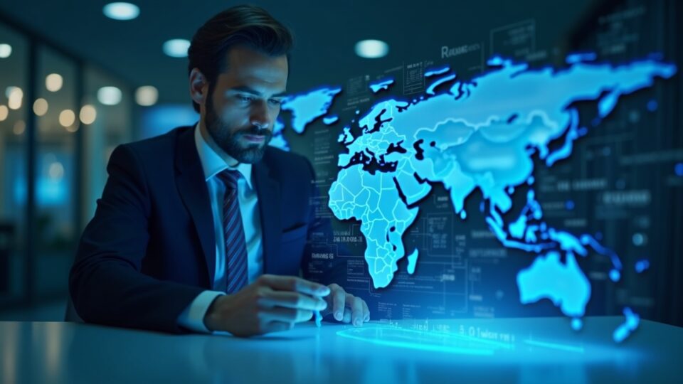 Professional analyst in front of a modern desk; blue holographic crypto ledger, map and Treasury seal, sanctions symbol.